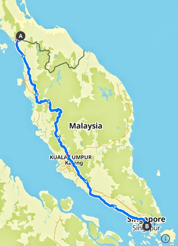 Karte Malaysia mit Fahrradroute von Nord nach Süd
